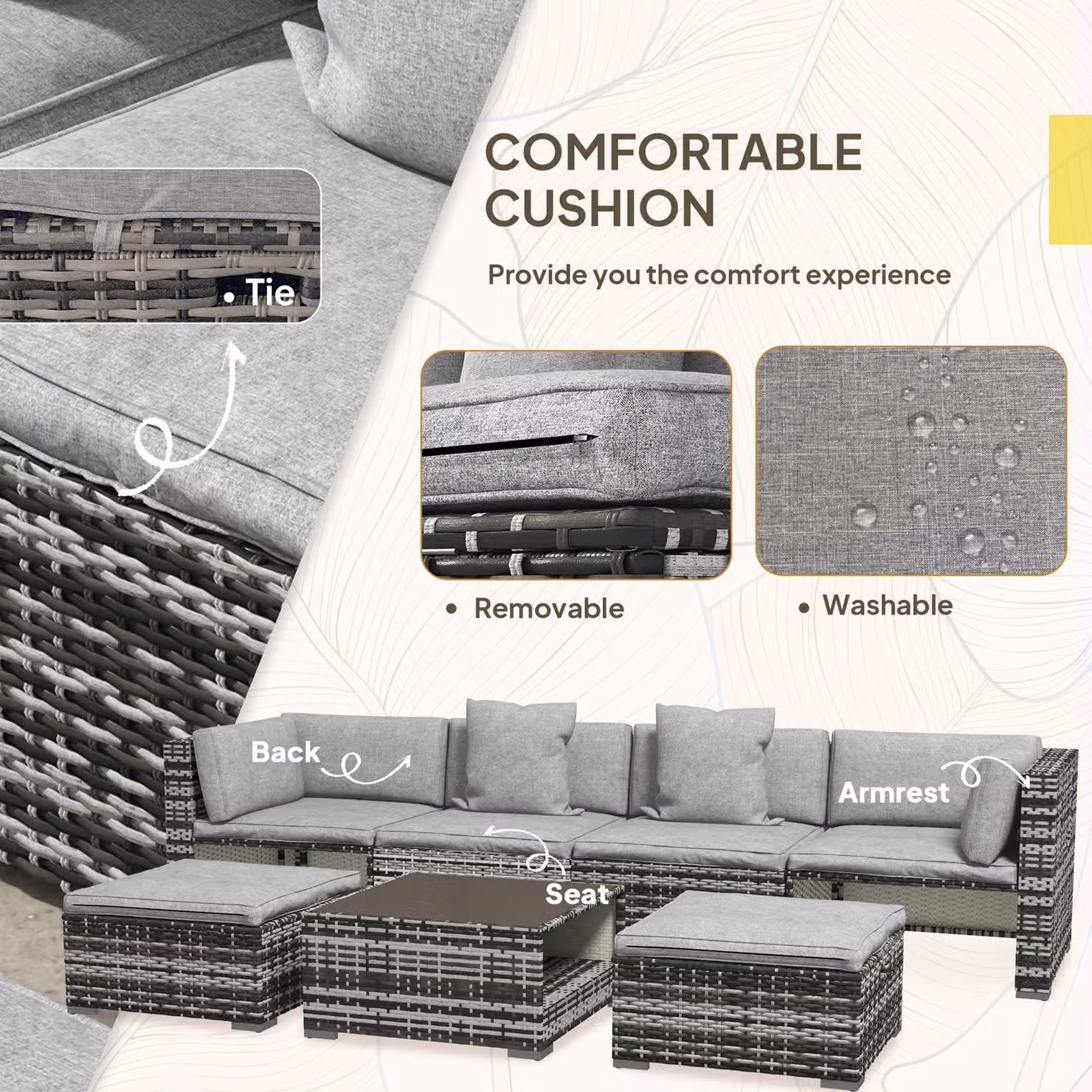 Outsunny 7-Piece Rattan Patio Furniture Set with Upholstered Cushions and Coffee Table in Grey – 7