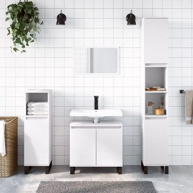 Berkfield Home 3 Piece Modern White Bathroom Cabinet Set with Vanity Unit and Hinged Doors