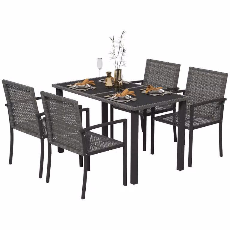 OUTSUNNY 4 Seater Grey Polyrattan Garden Furniture Set with Glass Tabletop