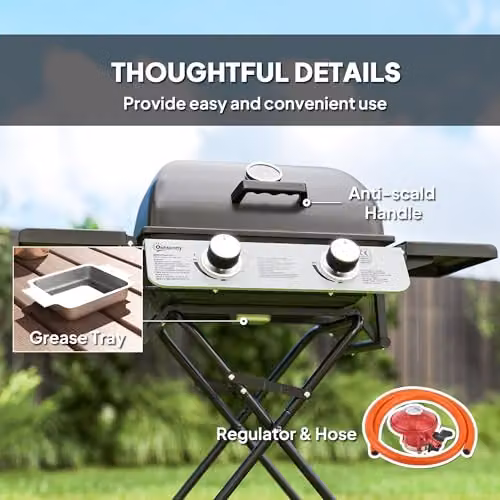 Outsunny Portable Foldable Gas Barbecue Grill with Thermometer and Wheels, Black – 6