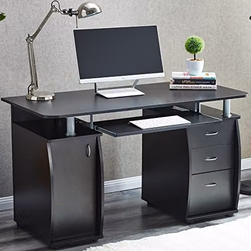 RayGar Black Deluxe Design Computer Desk with Storage Cabinet and 3 Drawers, W/D/H: 150 x 55 x 74 cm – 2