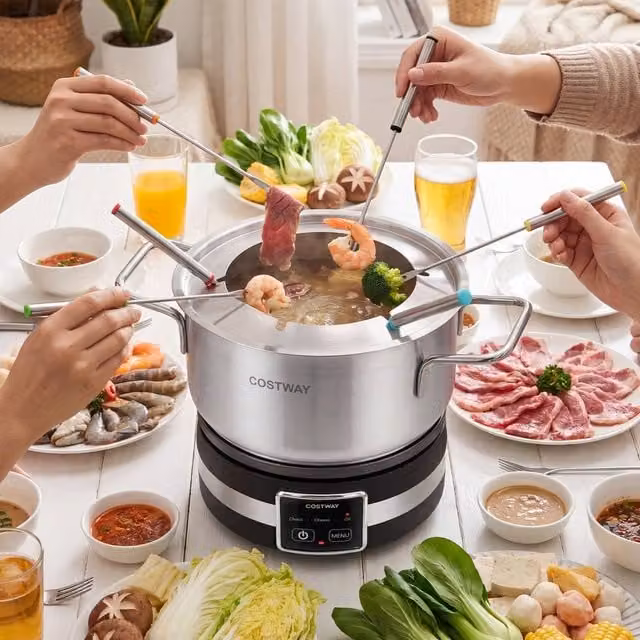 Costway 1200W Electric Fondue Pot Set with Adjustable Thermostat and Stainless Steel Pot in Silver – 1