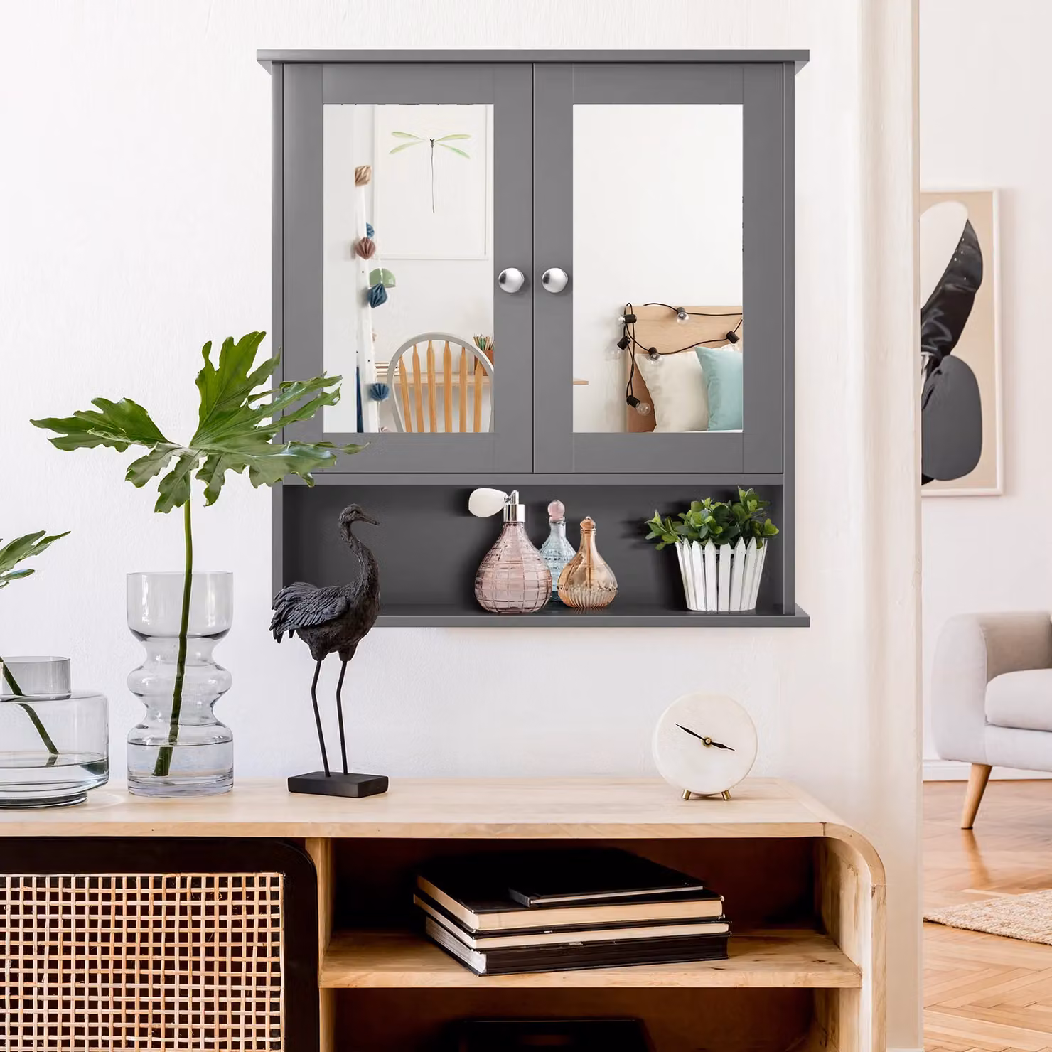 Costway Grey Wooden Wall Mounted Bathroom Mirror Cabinet with Glass Hinged Doors and Internal Shelves – 4