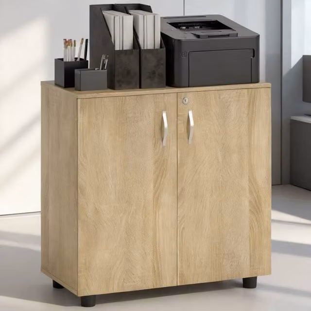 ERGOVEXA Two-Tier Locking Office Storage Cabinet in Brown Oak, W/D/H: 80 x 40 x 80 cm – 1