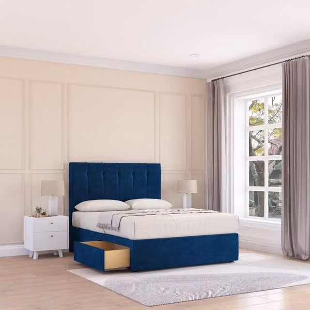 Sloomy Highbury King Size Plush Velvet Bed Set with 4 Drawers, Hybrid Mattress and Headboard in Navy Blue