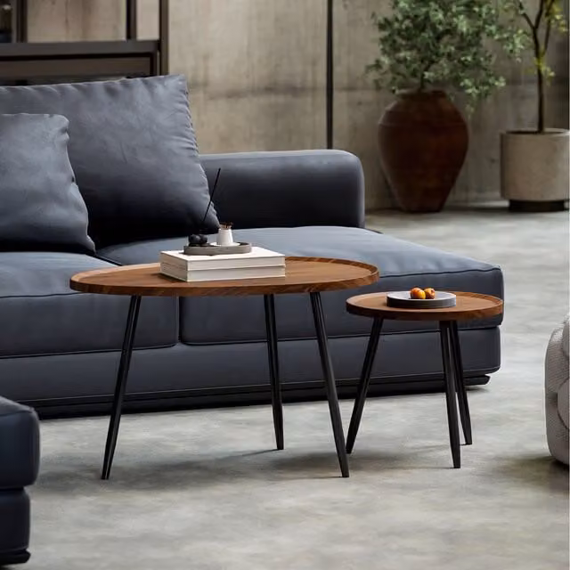 HOMCOM Set of 2 Round Sofa Side Tables with Metal Legs, Chestnut Wood Effect and Black Finish, W: 80 cm