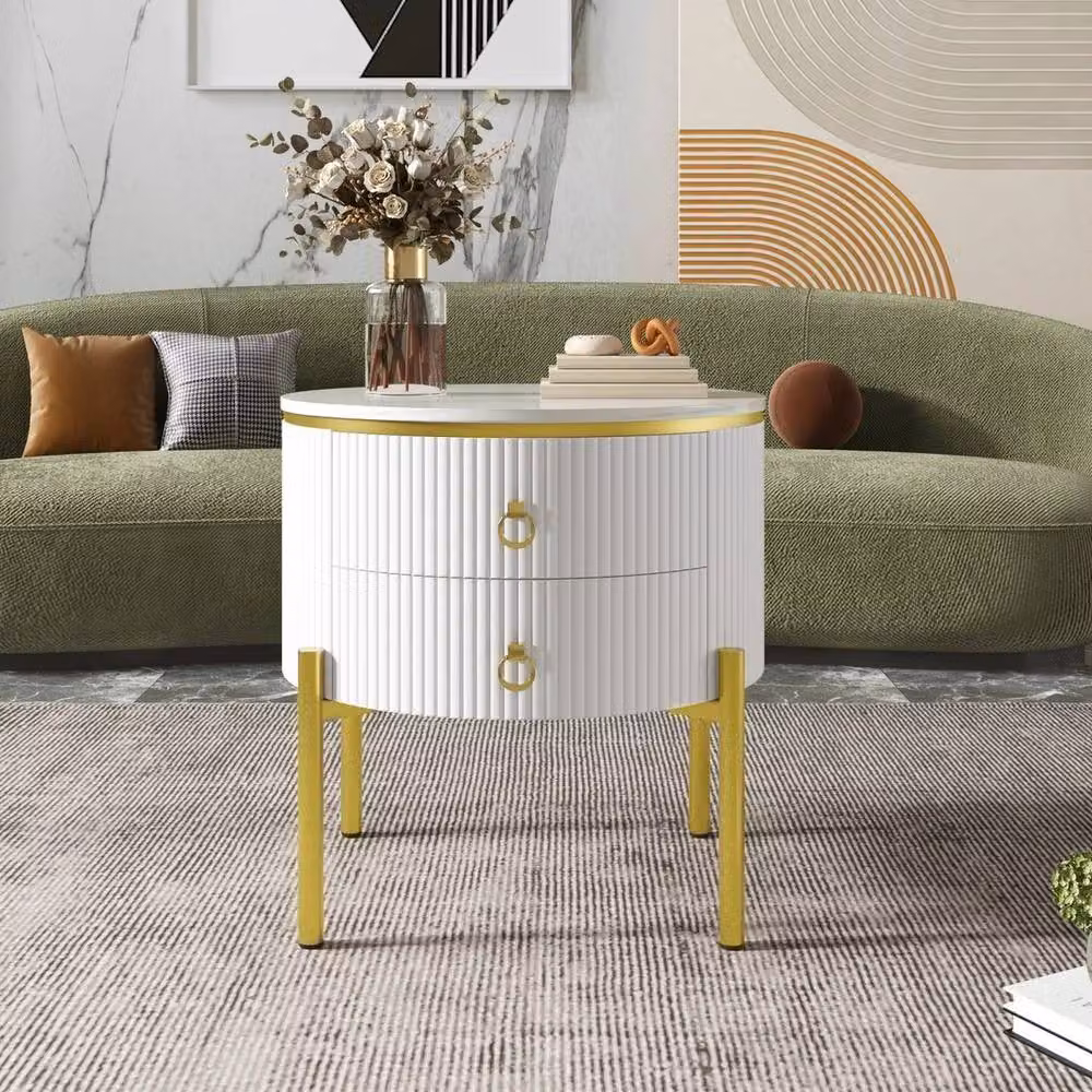 KORVIXA Round Side Table in White and Gold with Glossy Finish, W/D/H: 100 x 100 x 51 cm – 2