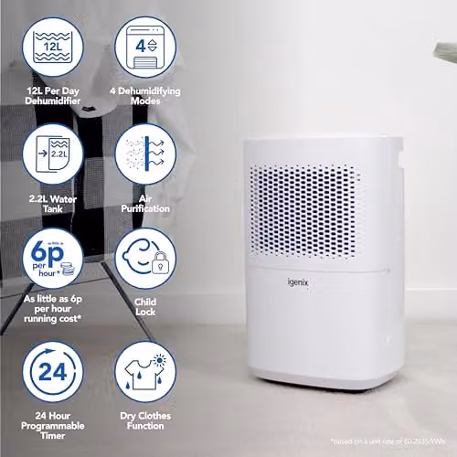 Igenix IG9813 White 12L Per Day Compressor Dehumidifier – 3