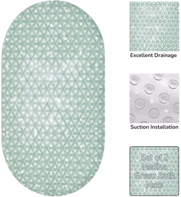 Showerdrape Medina Anti Slip PVC Bath Mat Set of 2 in Green, W: 69 cm, D: 36 cm