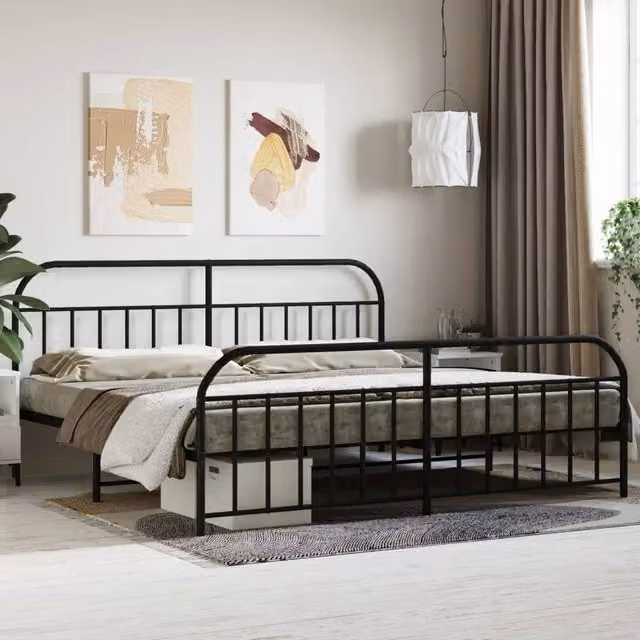 Berkfield Home Metal Bed Frame with Headboard and Footboard in Black, W/D/H: 193 x 203 cm