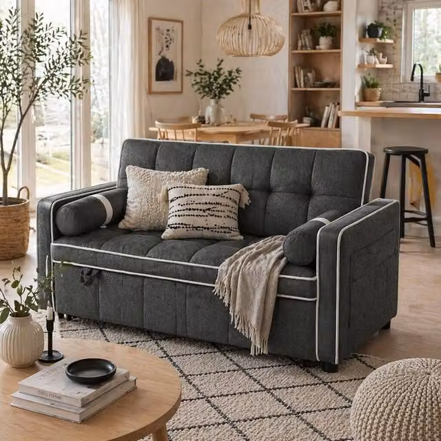 Wyld Haus Tapa 2 Seater Click Clack Sofa Bed in Charcoal Grey with White Trim, W/D/H: 138.5 x 86.0 x 87.0 cm, Mattress Size: 140 x 190 cm – 1