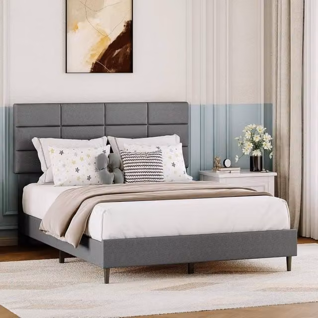 London Boutique Double Size Upholstered Platform Bed Frame with Tufted Headboard in Grey, W/D/H: 140 x 200 x 135 cm