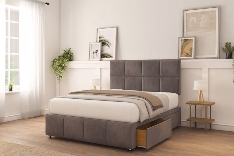 Sloomy Brington Plush Divan Bed Set in Grey with 2 Drawers and 26 inch Strutted Headboard, Small Double, W/D/H: 120 x 200 cm