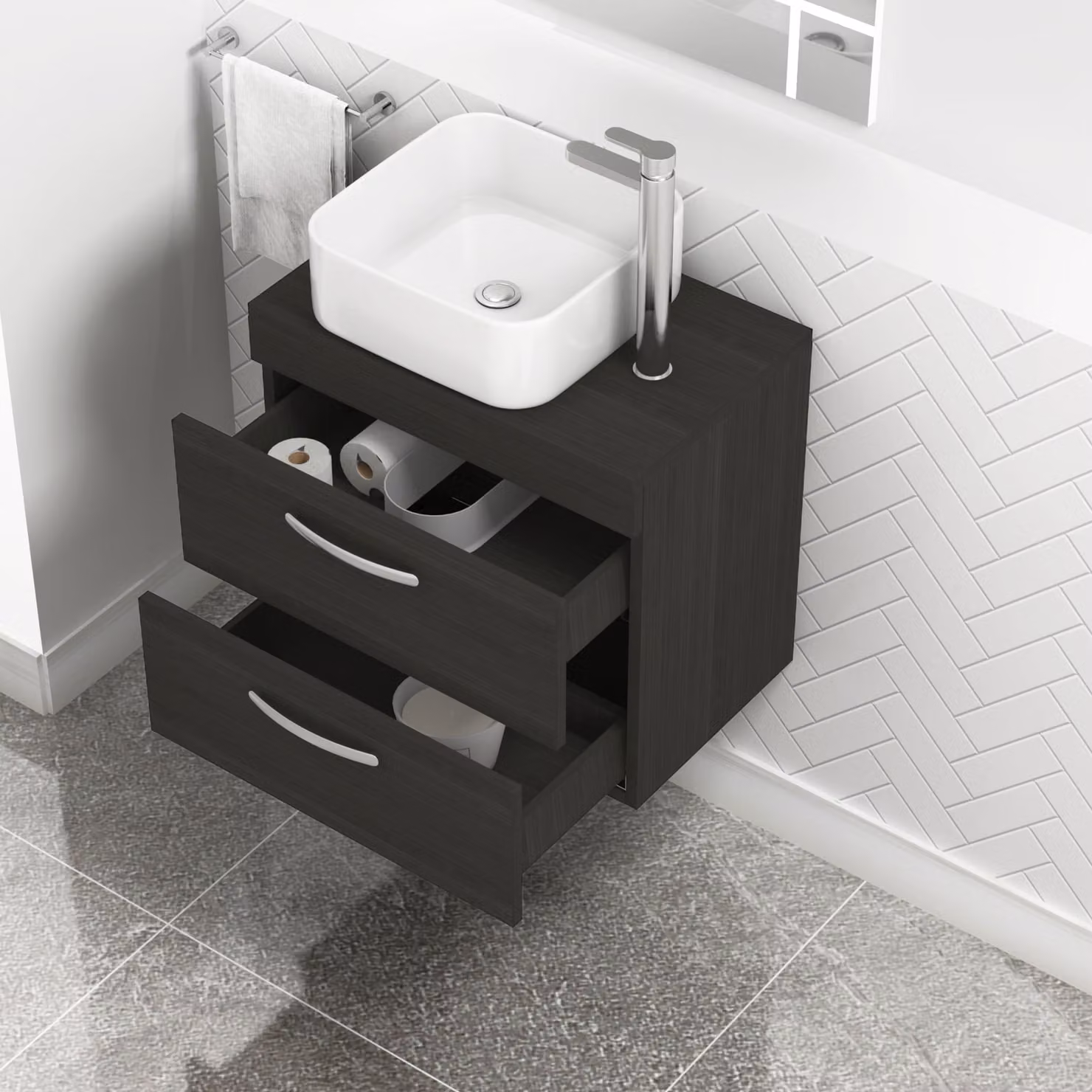 Royal Bathrooms Hale Wall Hung Vanity Unit with 2 Drawers and Elena Countertop Basin in Black