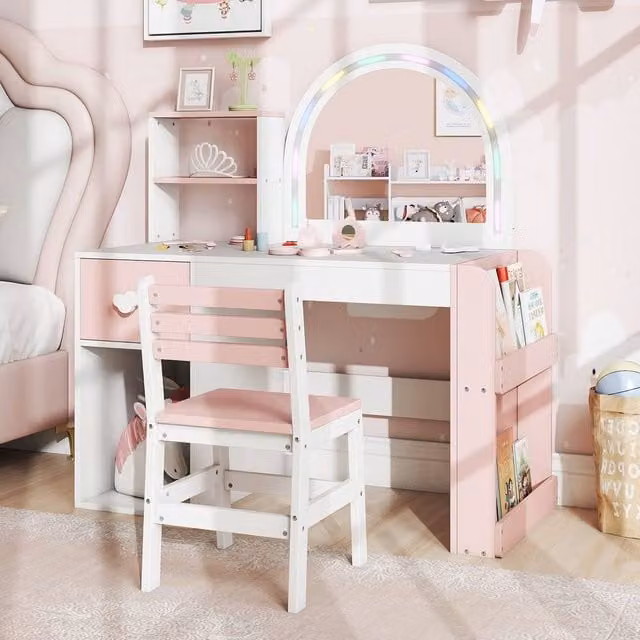 Costway Kids Vanity Table and Chair Set, Multicolour Dressing Table and Makeup Table Set