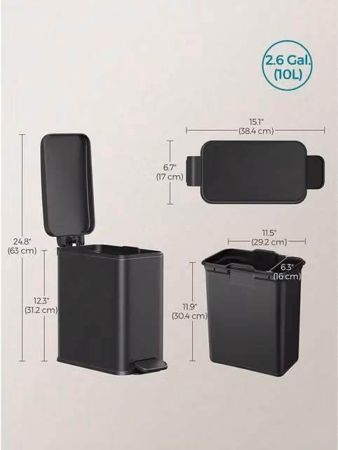 SONGMICS Slim Pedal Bathroom Bin with Soft Close, Black