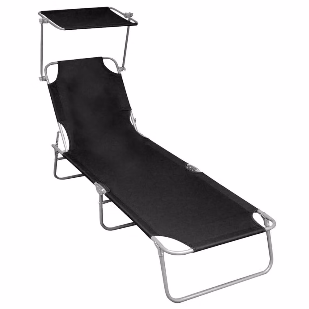 Berkfield Home Folding Sun Lounger with Canopy in Black Powder Coated Aluminium – 2