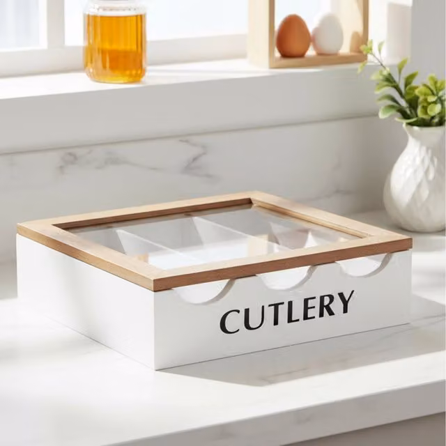 Maison Des Cadeaux 3 Compartment Window Lid Cutlery Utensil Holder in White Wood