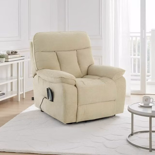 Beehive Furniture Devonshire Electric Rise and Recline Massage Chair in Beige Fabric with Powered Lift Assist and Solid Wood Frame