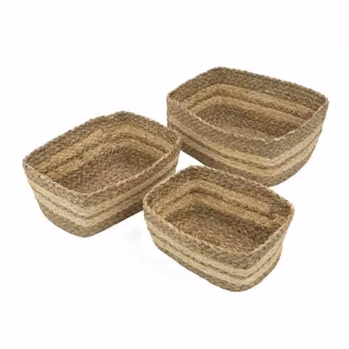 JVL Palma Set of 3 Sand Seagrass Open Weave Storage Baskets – 1