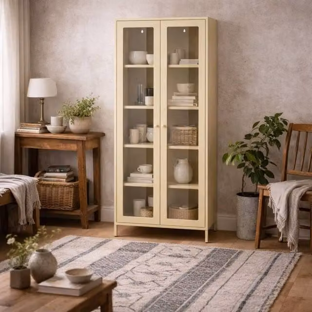 Wyld Haus Barla Beige Steel Display Cabinet with Glass Doors and Internal Shelves – 1