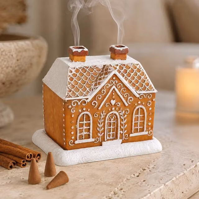 Marco Paul Gingerbread House Ceramic Incense Cone Burner in Tan with 15 Cinnamon Incense Cones