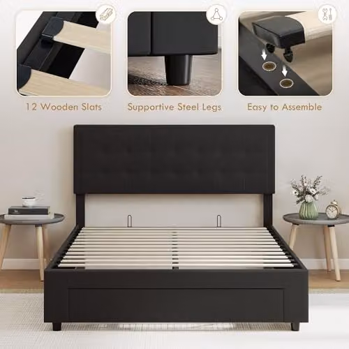 HOMCOM Black Velvet Upholstered Double Ottoman Bed with Lift-Up Storage Base, W: 140 cm, D: 190 cm, H: 95 cm – 8