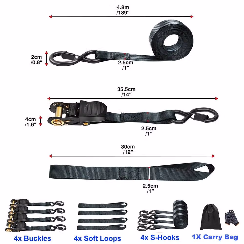 Ventryn 4-Pack Heavy Duty Ratchet Tie Down Straps, Black, Length: 5 m, Width: 25 mm – 2