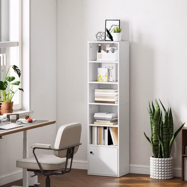 HOMCOM 6-Tier Tall Bookcase with Adjustable Shelves in White