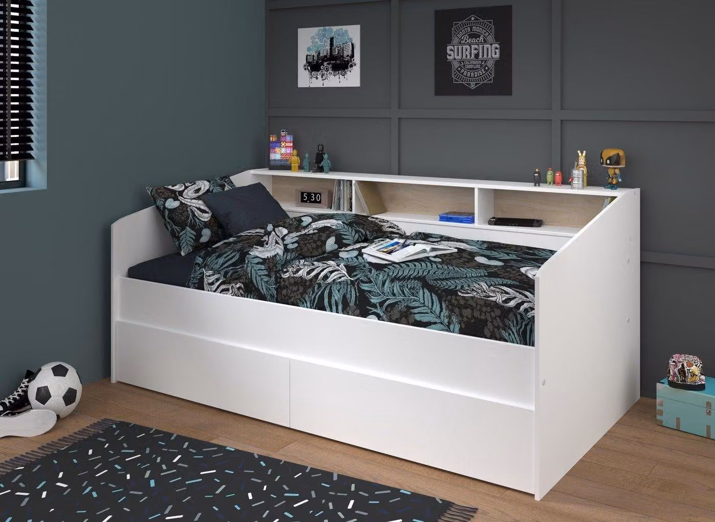 Dreams Freddie Modern White Wooden Childrens Day Bed with Bedside Shelf and Drawers
