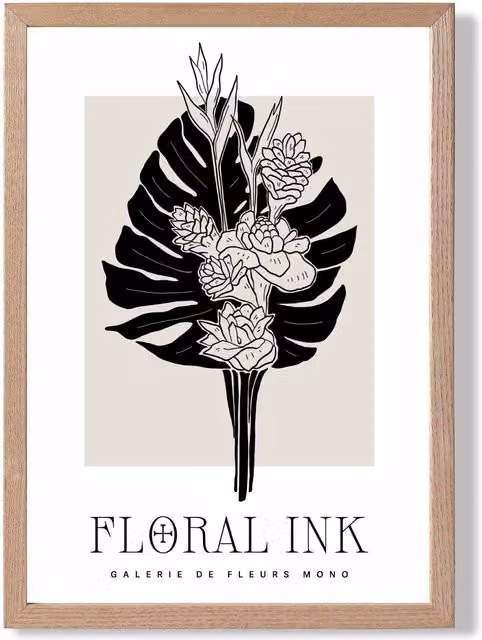 ARTZE Tropical Bouquet Black and Beige Floral Ink Sketch Framed Print with Oak Frame, A3 – 1