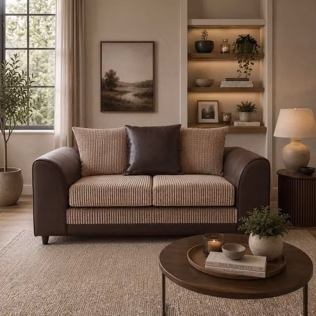 Furnishings For Less UK Luca 2 Seater Fabric and Synthetic Leather Trim Cord Sofa in Brown and Beige