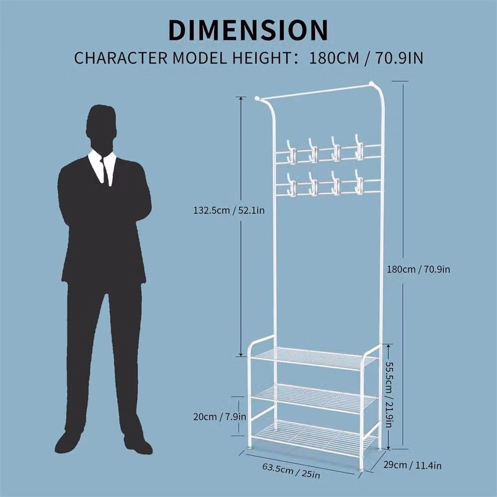 Nordara White Lacquered Metal Hall Tree with Bench, Coat and Hat Stand with 8 Hooks and 3-Tier Shoe Rack – 2