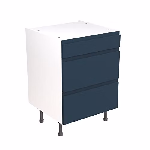 Kitchen Kit Flatpack 3 Drawer Base Cabinet with J-Pull Door, Indigo Blue Matt, W: 60 cm, H: 87 cm, D: 57 cm