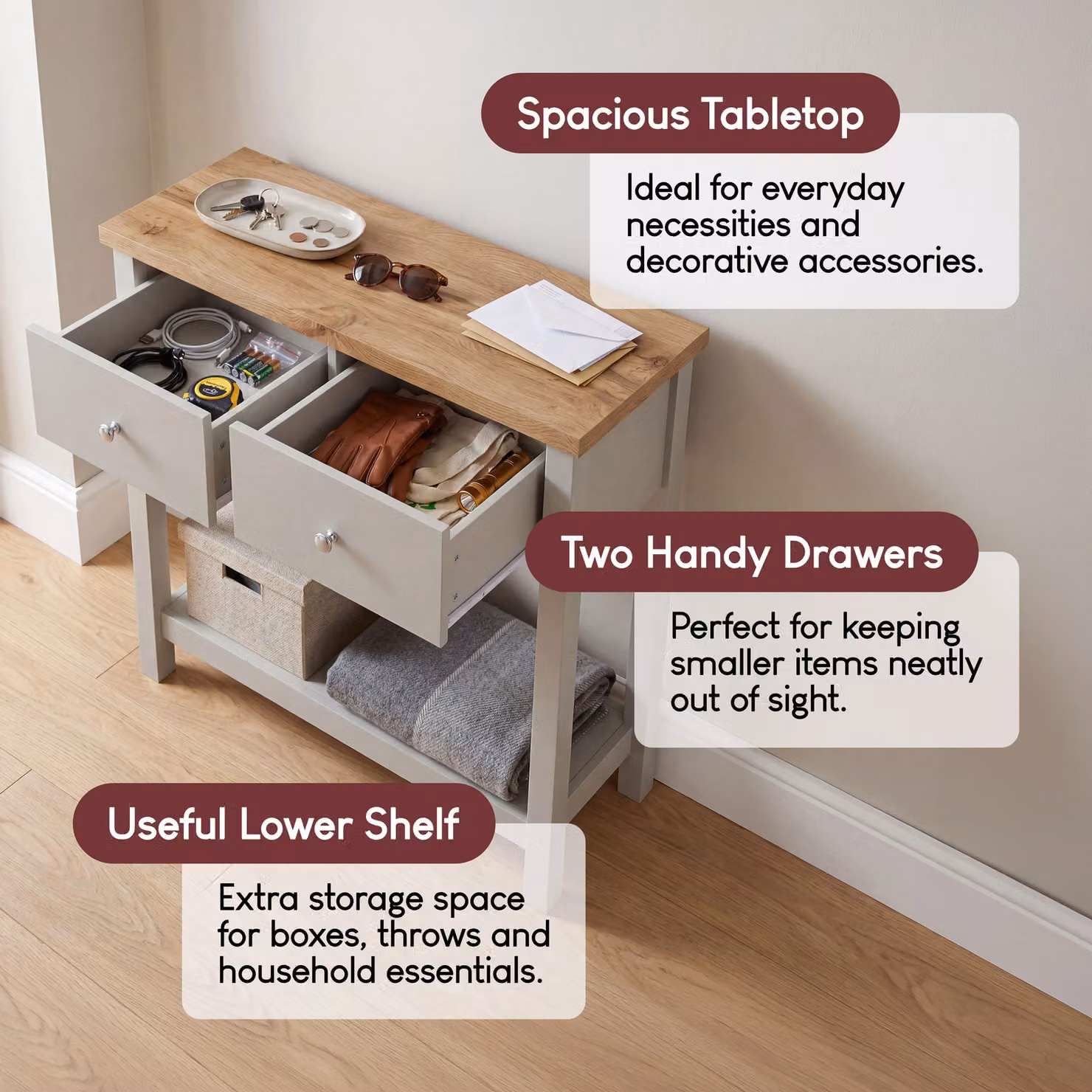 Vida Designs Arlington 2 Drawer Console Table Storage Organiser in Grey – 3