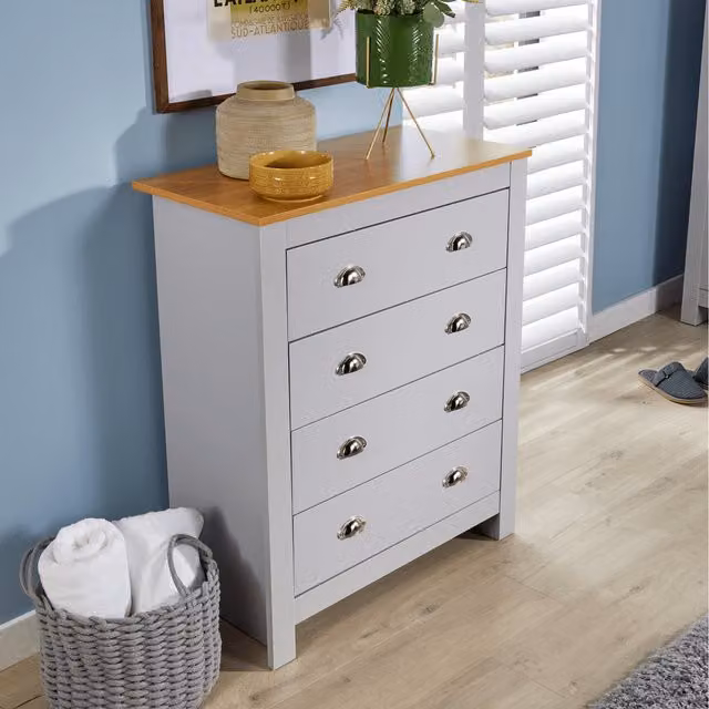 Home Source Camden 4 Drawer Chest Grey Wood Bedroom Storage Unit