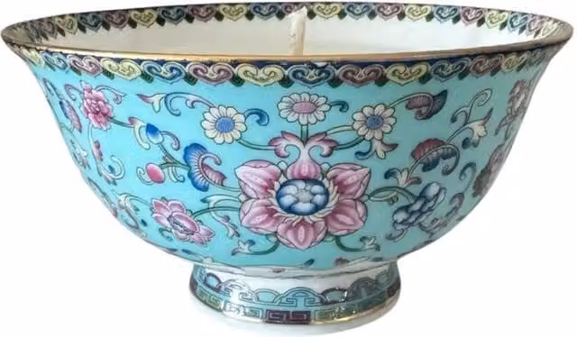 Candle Up Oriental Teal Ceramic Bowl Candle in Petrol and Multicolour with Fresh Floral Scent – 1