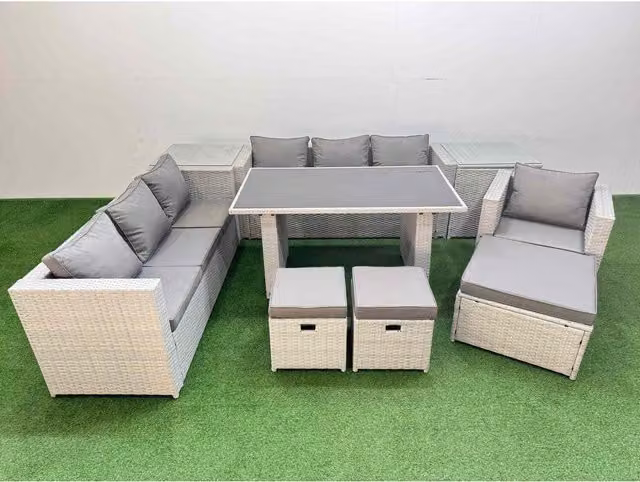 Fimous Outdoor Rattan Dining and Seating Set with Black Glass Table in Light Grey Mixed Rattan and Dark Grey Fabric