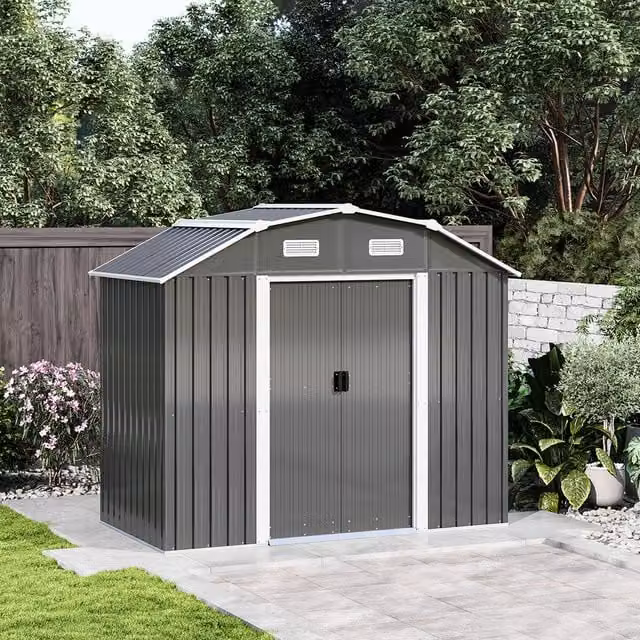 Breeins Heavy Duty Metal Garden Storage Shed in Grey, W: 213.36 cm, D: 121.92 cm, H: 213.36 cm