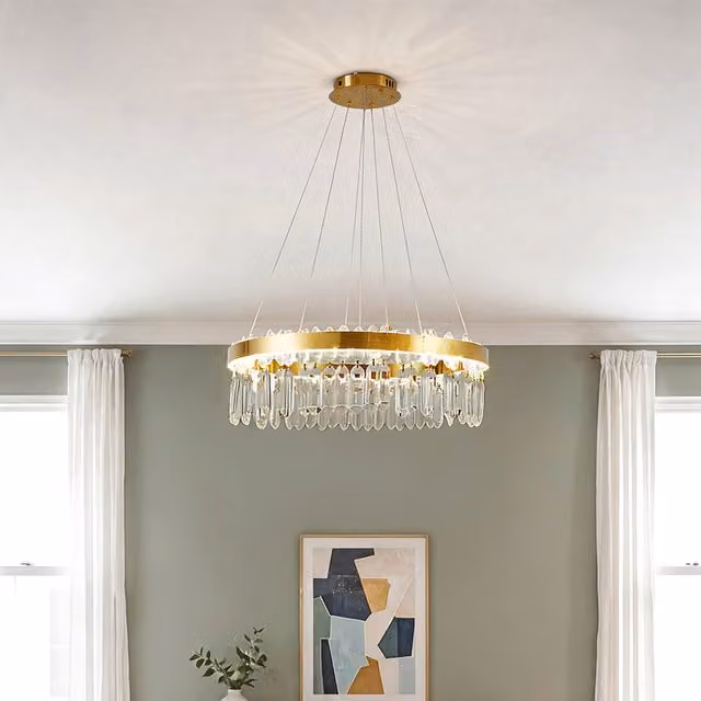 Livingandhome Modern Round Crystal Pendant Chandelier with Remote Control in Gold/Brass