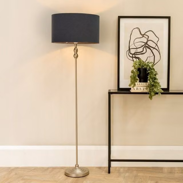 ValueLights Maggie Brushed Chrome Candlestick Floor Lamp with Grey Fabric Shade and LED Bulb