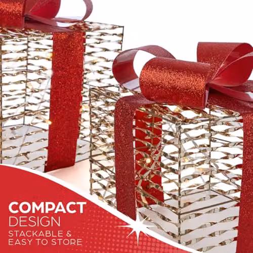The Christmas Workshop Large Light-Up Gold and Red Gift Box Set of 3 with Warm White LED Lights and Timer Function – 6
