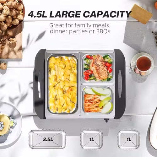 HOMCOM 3 Tray Electric Food Warmer Buffet Server with Warming Plate, 300W, Silver – 3