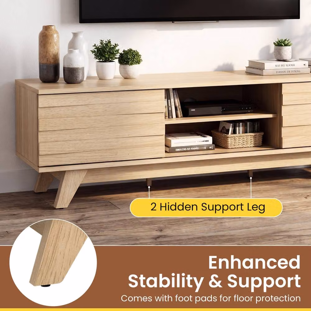 Gymax Mid-Century Wooden TV Stand with 2 Sliding Doors in Beige for TVs up to 55 inch – 6