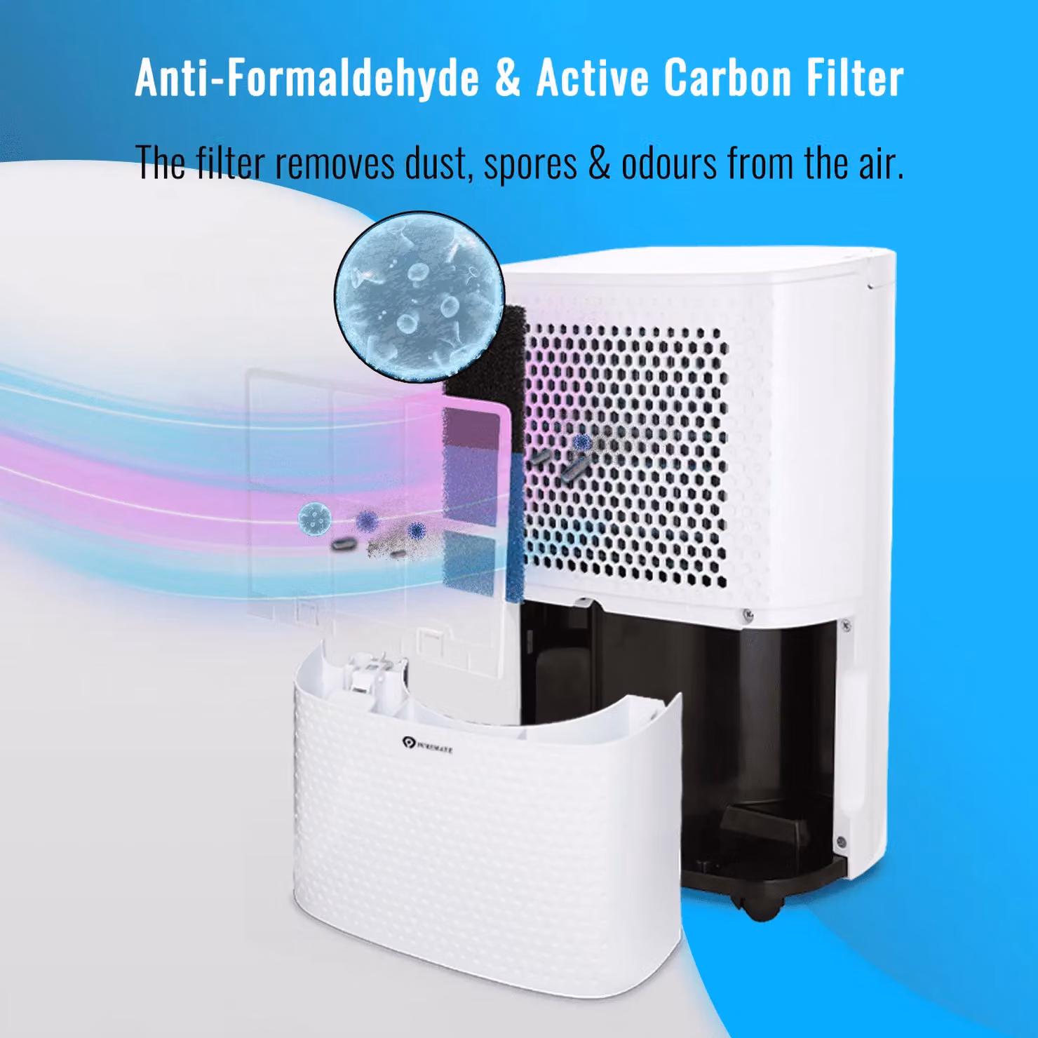 PureMate White Dehumidifier and Air Purifier with 12L Daily Capacity, Digital Humidity Display, Continuous Drainage and 24-Hour Timer – 8