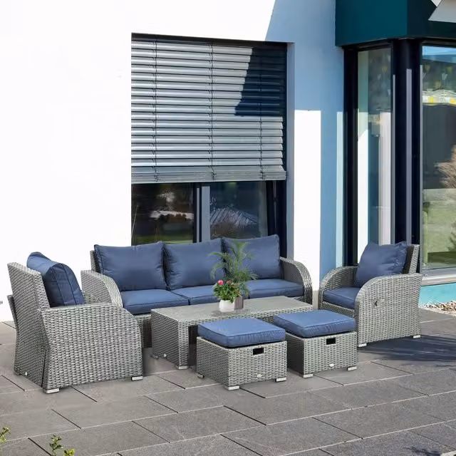 Outsunny 7 Seater Rattan Sofa, Table and Footstool Set in Blue