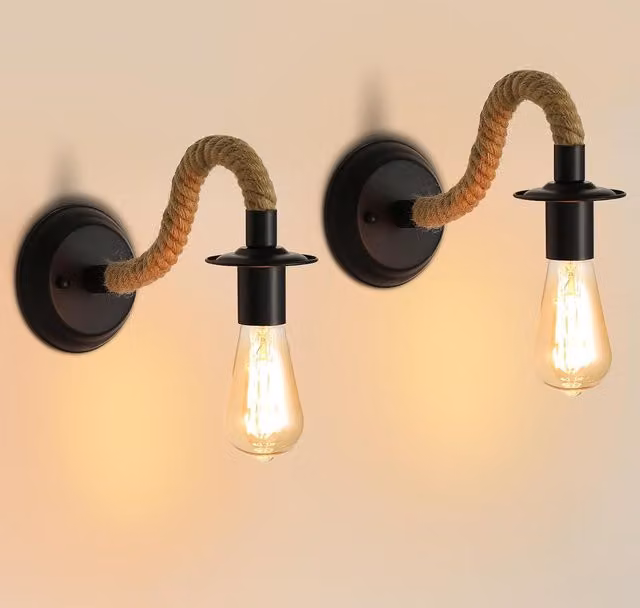 COMELY 2 Pack Industrial Wall Lamps in Black with Hemp Rope and E27 Retro Design – 1