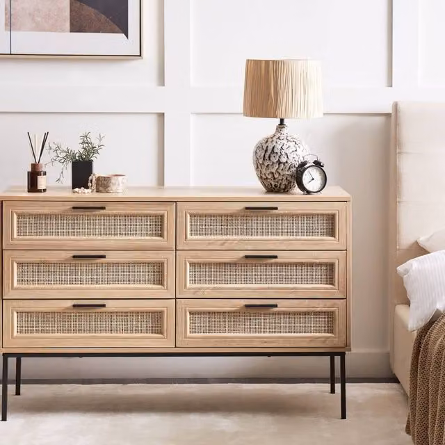 Wyld and Coco Rattan Six-Drawer Chest with Black Metal Frame in Brown and Light Wood – 1