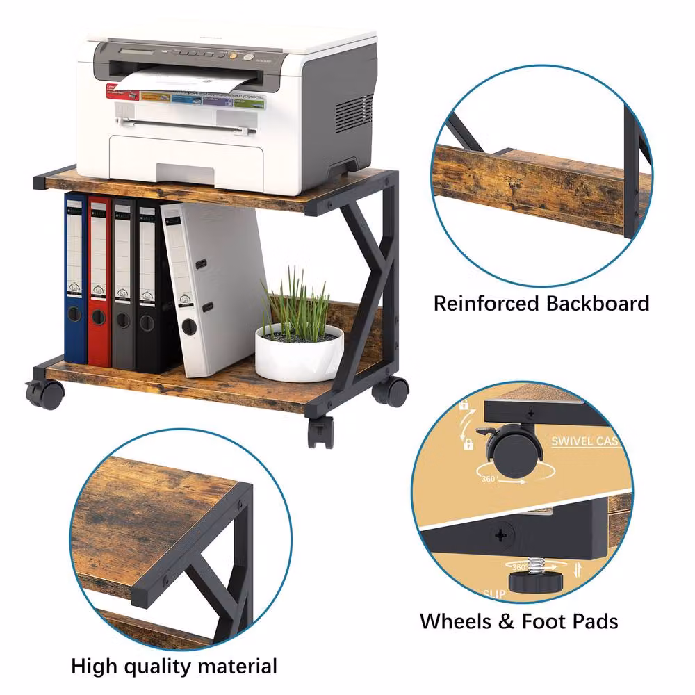 Huhote 2 Tier Brown Printer Stand with Wheels for A5 Folders and Scanners, W/D/H: 43.18 x 27.94 x 27.94 cm – 4