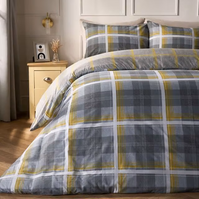 Dreamscene OHS Denim Check Reversible Duvet Cover and Pillowcase Set in Yellow and White, Double, W: 140 cm x H: 200 cm – 2